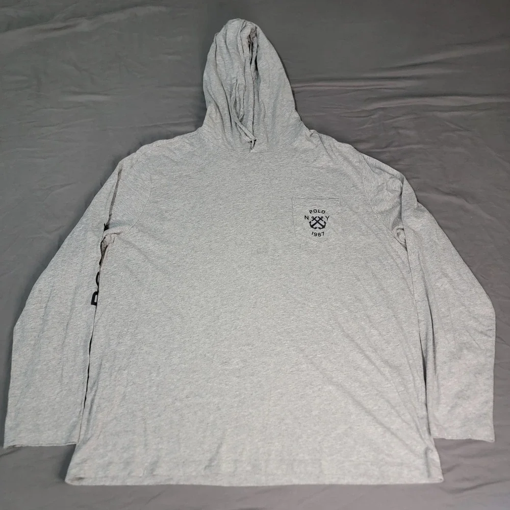 Polo Ralph Lauren T-Shirt Hoodie Men's XL Gray Long Sleeve Polo 67 Crest Light